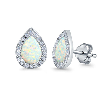 Halo Pear Stud Earrings Lab Created White Opal Simulated CZ 925 Sterling Silver (11mm)
